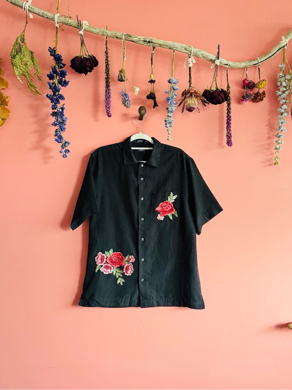 Men’s Textured Short Sleeve Button Down Shirt, REWORKED with floral patches.